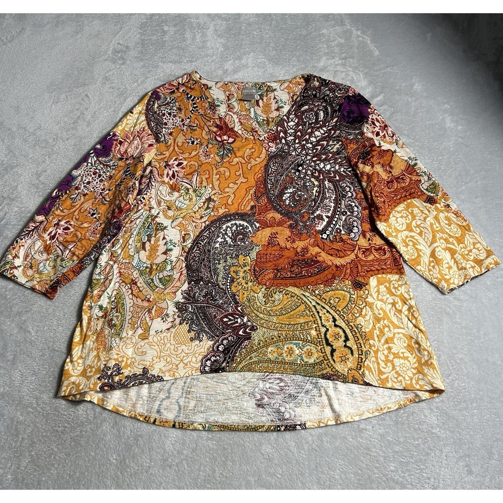 Chicos Boho Top L Floral Paisley Vneck 3/4 Sleeve Artsy Tunic 570241500
